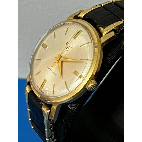 Vintage 1960s Mens Elgin Silver & Gold tone Pie Pan Dial Watch in box - Picture 6 of 16